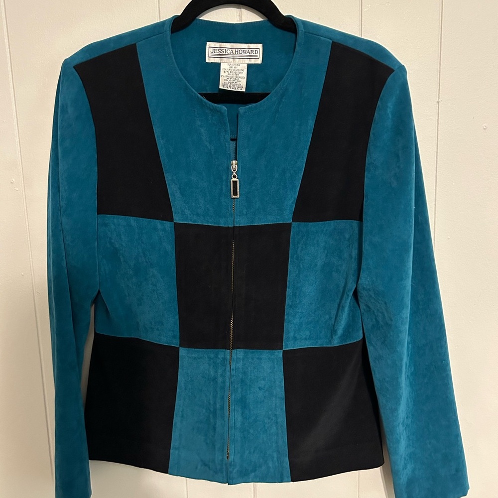 Jessica Howard Vintage Teal Blue Checkered Jacket